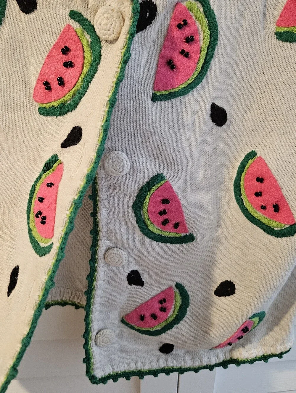 Vintage Michael Simon White Short-Sleeve Watermelon Print Button Cardigan - Picture 3 of 9